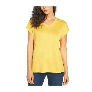 Orvis Womens Yellow Knit Polyester Blend V-Neck Pullover Tunic Top Size Small